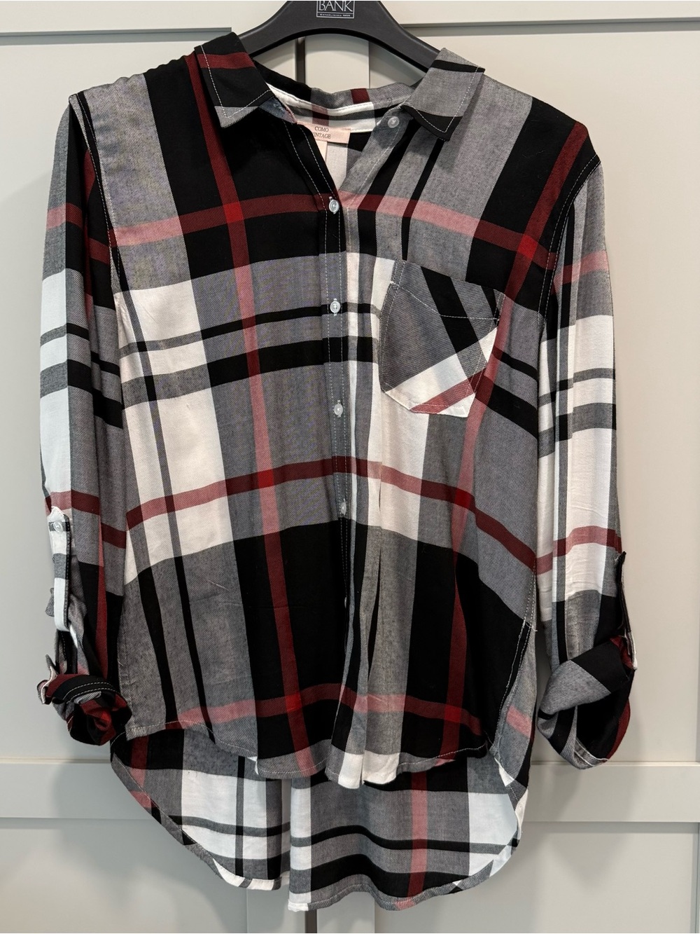 Como Vintage Womens Plaid 100% Rayon Twill Button-Up Shirt Pockets Roll Tab Sz M